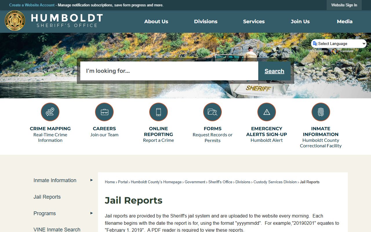 Humboldt County Sheriff jail reports page for mugshot access