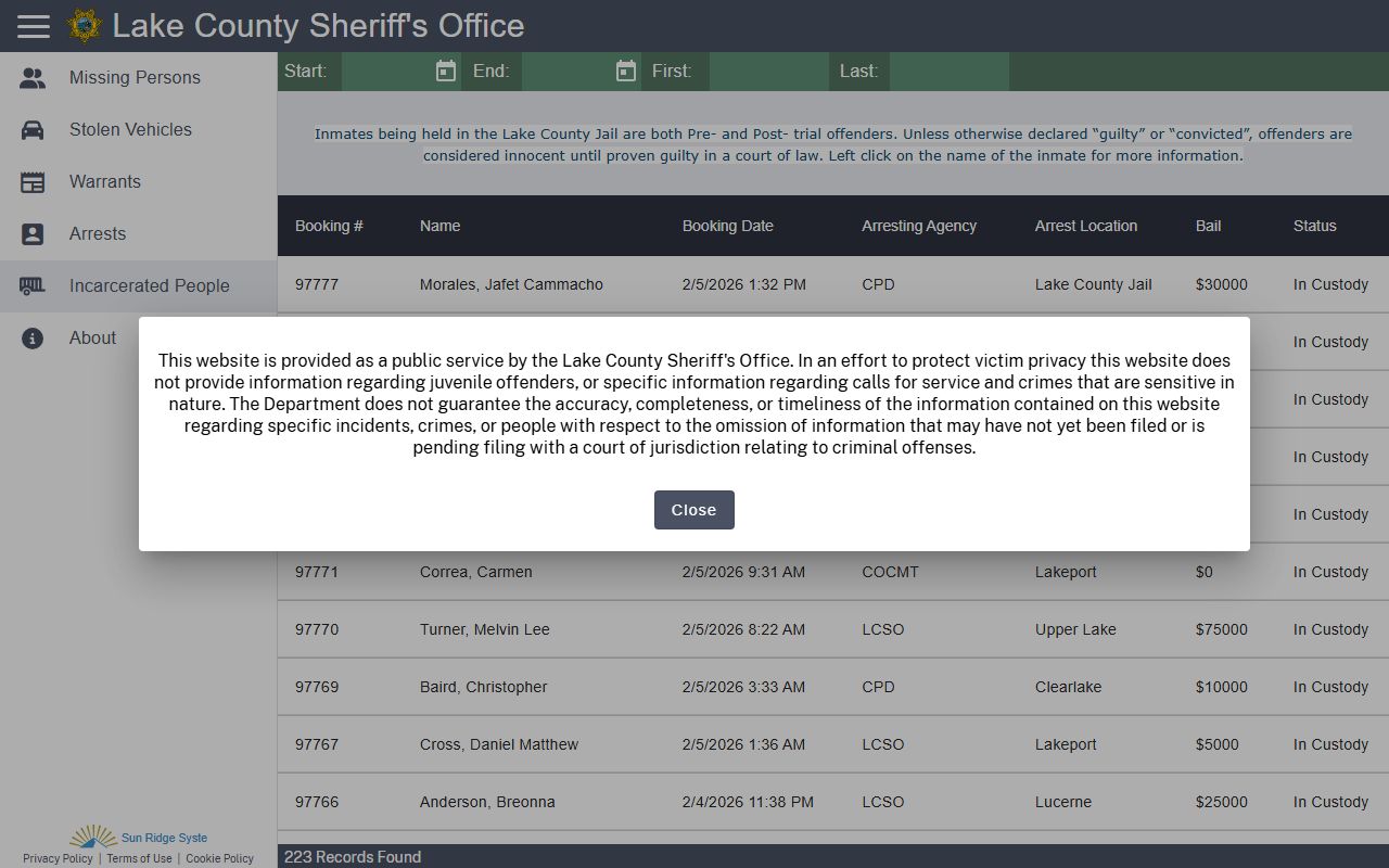 Lake County Sheriff incarcerated people database for custody records