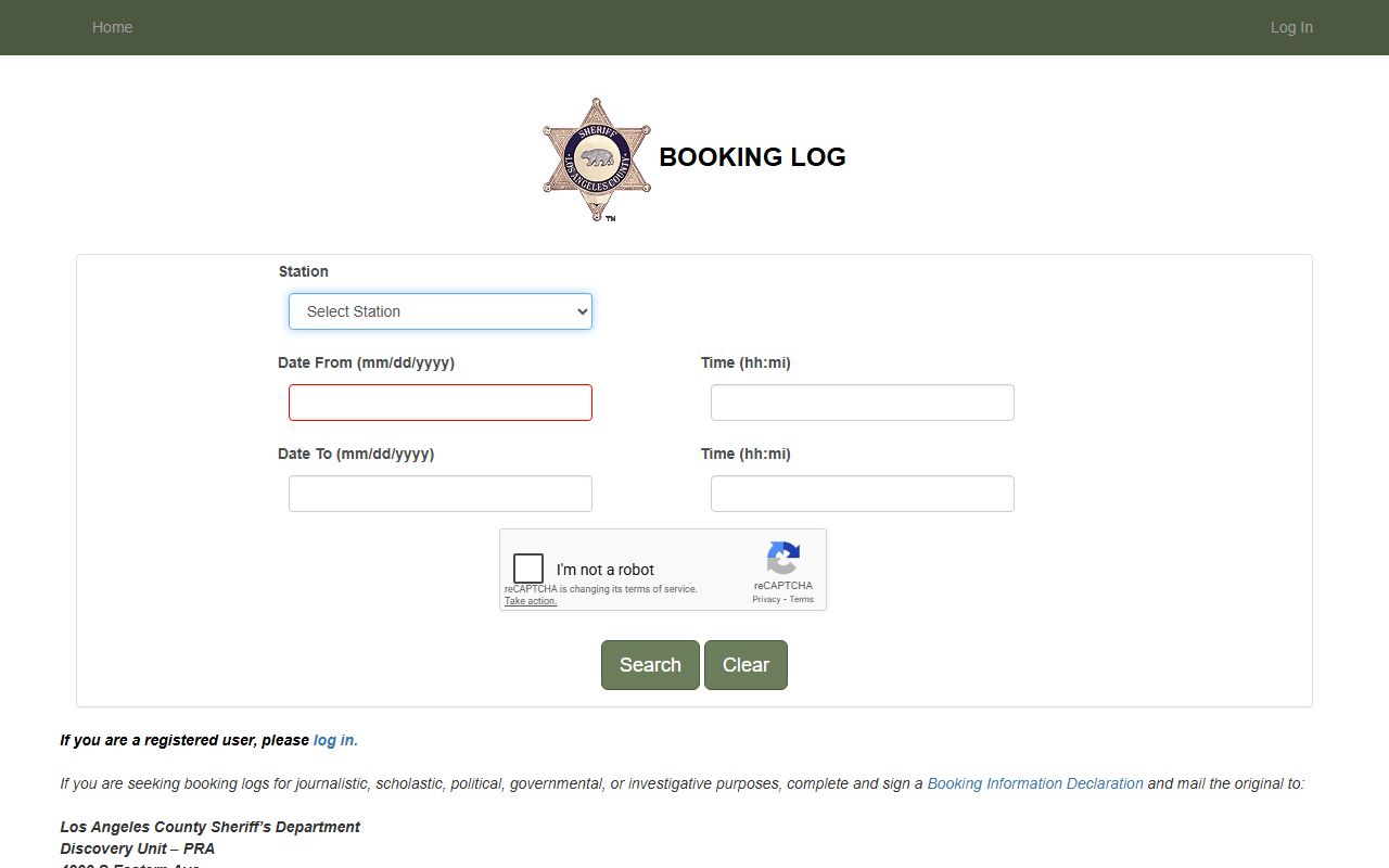 Los Angeles County Sheriff booking log for jail mugshots