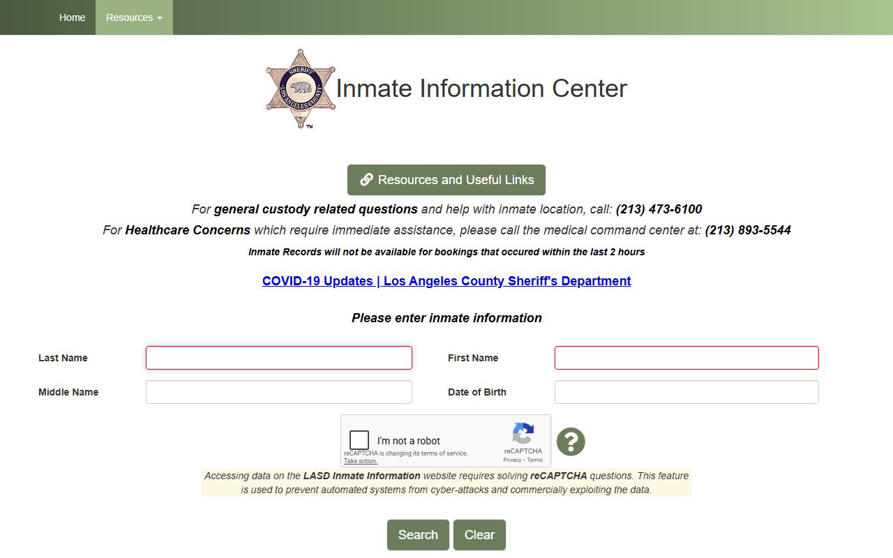 Los Angeles County Sheriff Inmate Information Center for jail mugshots