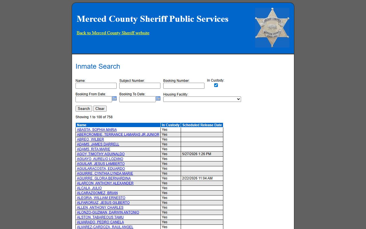 Merced County Sheriff inmate inquiry for jail mugshots