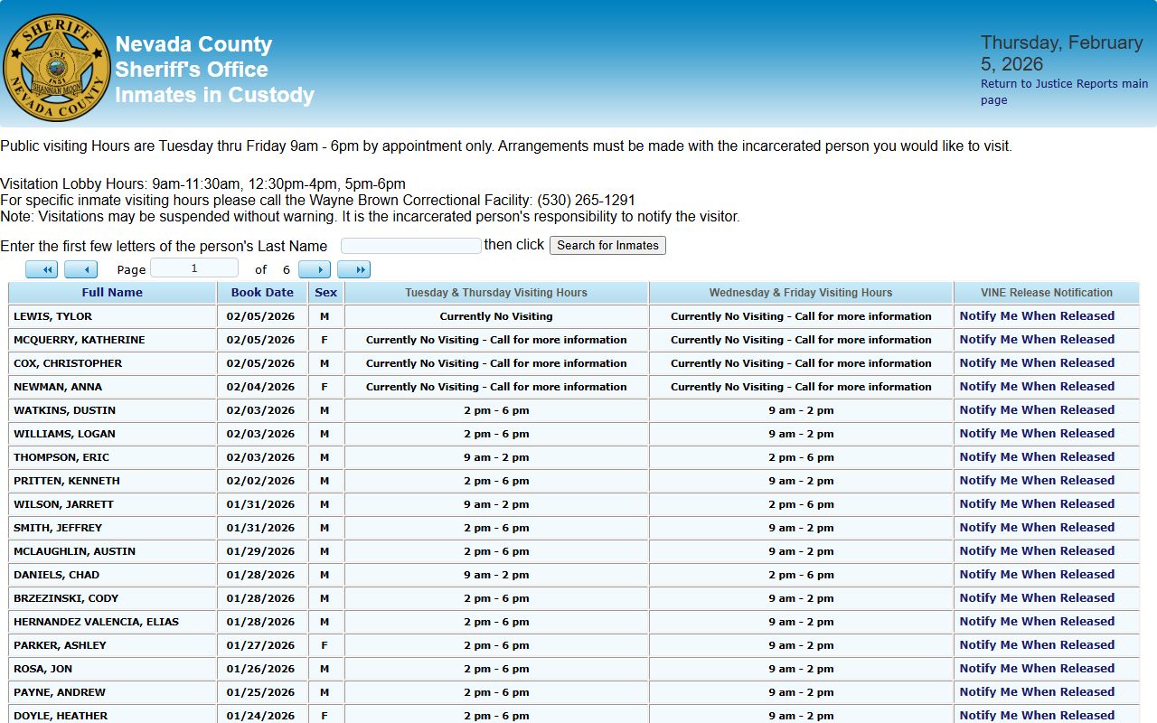 Nevada County Sheriff in-custody report for jail mugshots