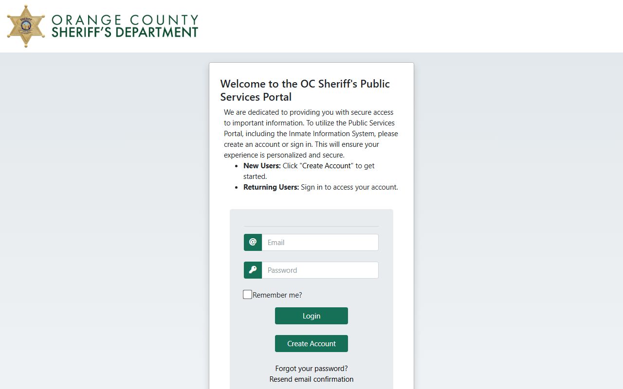 Orange County Sheriff public services portal for jail inmate search
