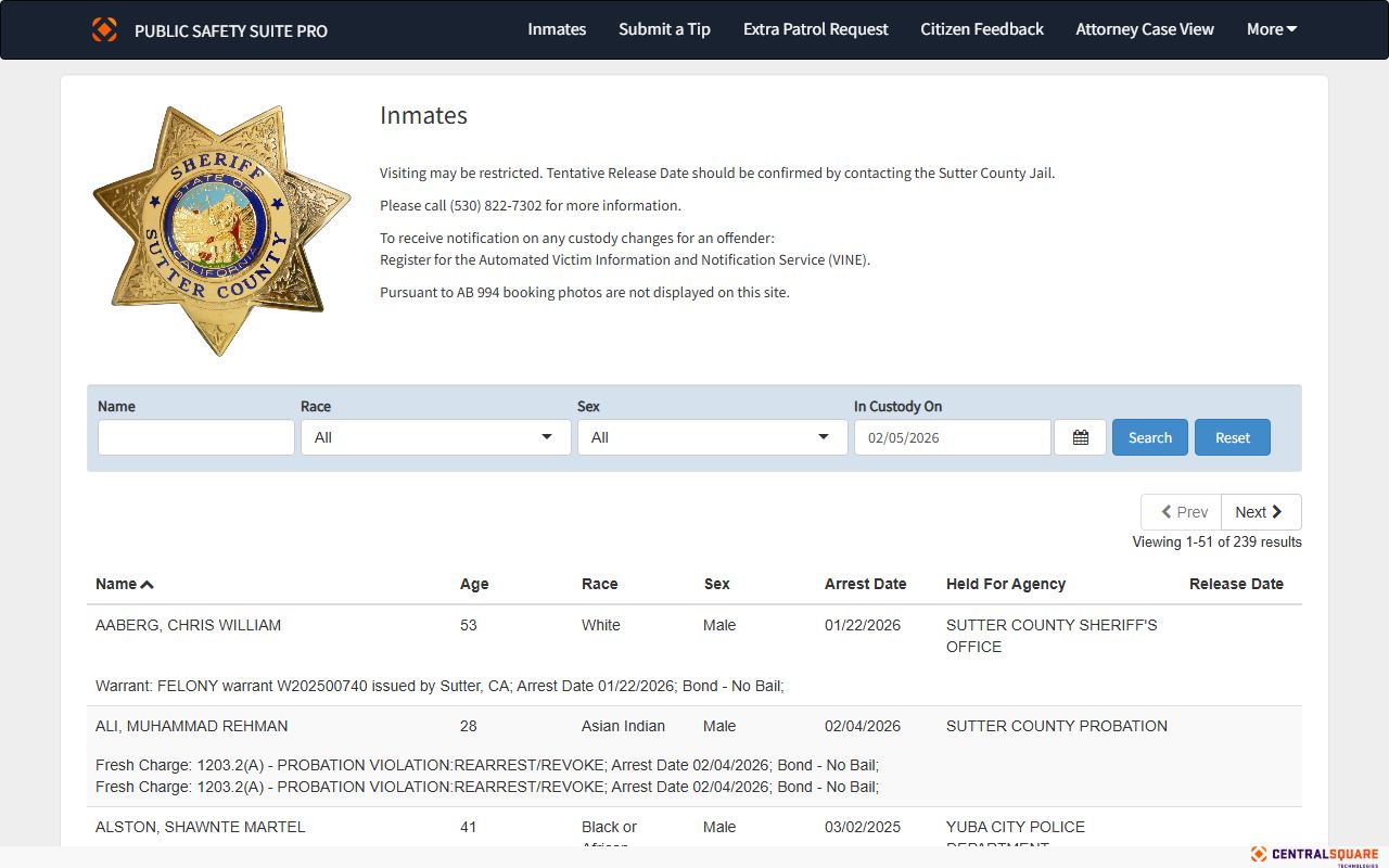 Sutter County Sheriff inmate search portal for jail mugshots