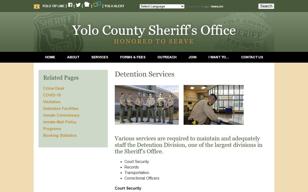 Yolo County Sheriff detention services information for jail mugshots